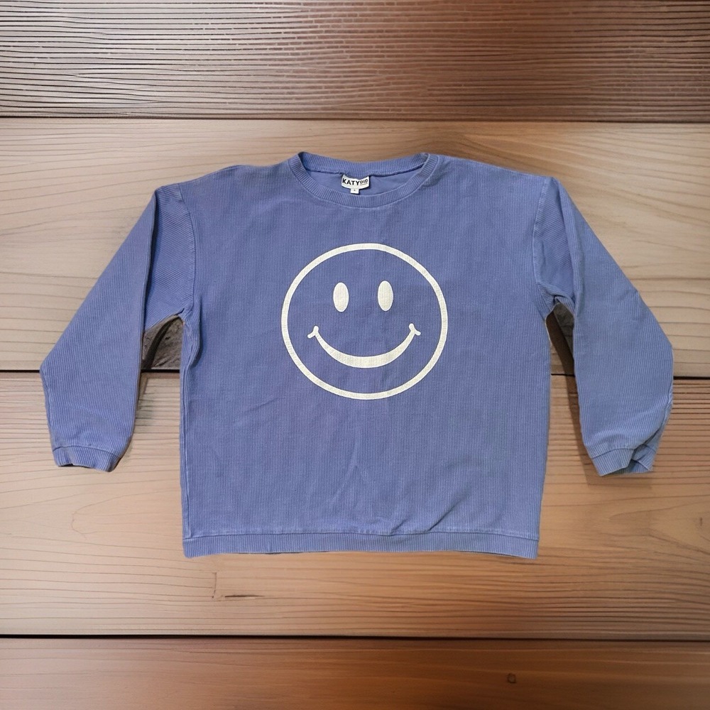 Katydid Sweatshirt Women's Size Large Blue Ribbed Smiley Face GOOD